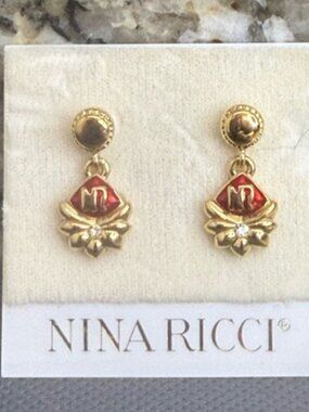 Nina Ricci Swarovski Crystal Vintage Red and Gold Dangle Earrings NWOT